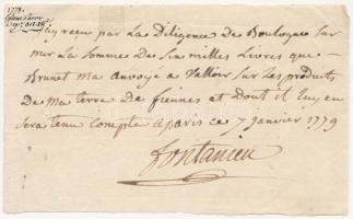 Franciaország 1779. Kézzel írt kötelezvény 6000 Livre-ről, vízjeles papíron T:I- ragasztónyom, tűnyom