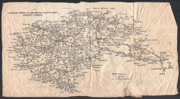1941 A Magyar Királyi Államvasutak hálózatának átnézeti térképe, gyűrött, javítással, 16,5×30,5 cm