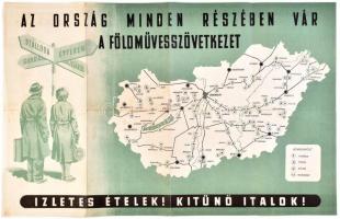 1956 Magyarország autóbusz hálózata (MÁVAUT), a hátoldalán Földműves szövetkezeti szállodák, cukrázdák és éttermek Magyarország helységeiben, térképen jelölve. korának megfelelő állapotban, 42x66 cm