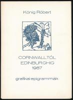 König Róbert (1951-2014): Cornwalltól Edinburghig 1987. Grafikai epigrammák. Bp., 1987, Kisgrafika Barátok köre. 20 db linómetszet, papír. Minden egyes lap jelzett. Kiadói papírmappában. Megjelent 350 db számozott példányban. Számozott: 12/350. Lapméret: 20x14 cm. Komplett, hiánytalan!