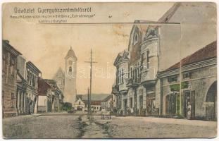 Gyergyószentmiklós, Gheorgheni; Kossuth Lajos utca, Csíkvármegye szerkesztősége, Dornbach Antal üzlete. Leporellólap vasútállomással / street view, editorial office, shops. leporellocard with railway station (b)