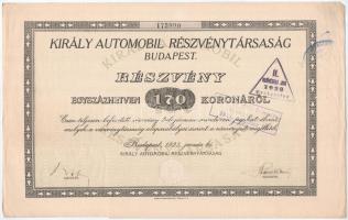 Budapest 1923. Király Automobil Részvénytársaság részvénye 170K-ról szelvényekkel, szárazpecséttel, felülbélyegzésekkel T:II-