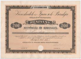 Budapest 1918. Kereskedők és Iparosok Bankja Részvénytársaság névre szóló részvénye 200K-ról, szelvényekkel és szárazpecséttel T:I-