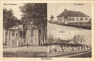 Balatonfenyves, Máriatelep vasútállomás, villa a fenyvesben, állami népiskola (EK)