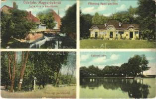 1913 Magyaróvár, Mosonmagyaróvár; Lajta vize a kávéházzal, Főherceg ligeti pavilon, Főhercegi park, Kálnoki rév, komp. Pingitzer Ignác kiadása (fa)