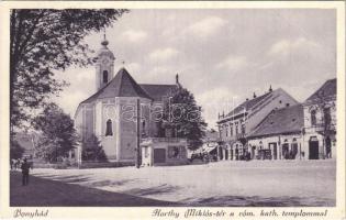 1931 Bonyhád, Horthy Miklós tér, Római katolikus templom, Radio, üzletek, automobil (EB)