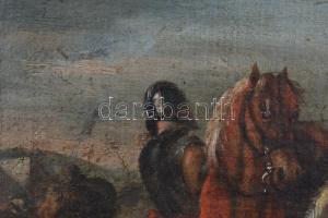 Jelzés nélkül, XVIII v. XIX sz. német festő: Lovaskatonák. Olaj, vászon, sérült. Kopott, antik fa ke...