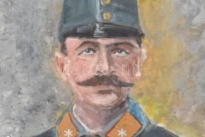 JP vagy PJ 1986 jelzéssel: Katona portréja. Olaj, farost. Dekoratív, sérült fa keretben. 55x44,5 cm