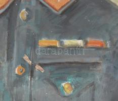 JP vagy PJ 1986 jelzéssel: Katona portréja. Olaj, farost. Dekoratív, sérült fa keretben. 55x44,5 cm