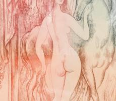 Szabó Vladimír (1905-1991): Festő és múzsája. Színes rézkarc, papír, jelzett. Számozott: 35/100. Üve...