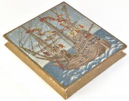 Stollwerck régi desszertes doboz, különleges, hajót ábrázoló szövet borítással, kopásnyomokkal, 28×25×4,5 cm