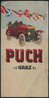 cca 1920 Puch (Johann Puch A.G.) grazi automobilgyár automobilt ábrázoló színes számolócédulája, gyűrődésnyommal, szakadással, 13,5x6,5 cm