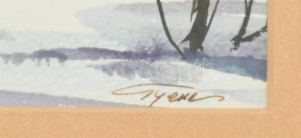 Gyenes jelzéssel: Téli táj. Akvarell, papír. Üvegezett fa keretben. 7x15,5 cm