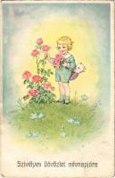 Szívélyes üdvözlet névnapjára! / Children art postcard with Name Day greeting (EB)