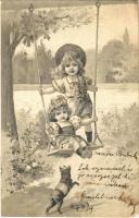 1907 Children art postcard, girls with dog. litho (EB)