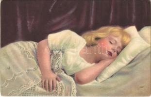 1907 Children art postcard, sleeping girl. WSSB. 6951. (vágott / cut)