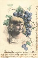 1906 Children art postcard, girl with grape (EB)