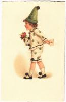 Children art postcard, clown boy