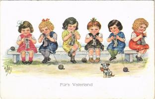 Für's Vaterland / Children art postcard, girls knitting. A.R. & C.i.B. No. 707.