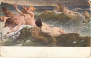 Hullámhajsza / Im Spiel der Wellen / Erotic nude lady art postcard. Magyar Művészet Rotophot 793. s: Benczúr (EM)