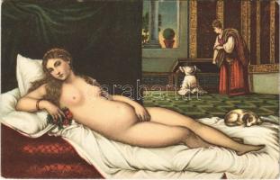 Venere con cagnolino / Erotic nude lady art postcard. Proprietá Artistica E. Sborgi, Firenze s: Tiziano (ragasztónyom / glue mark)