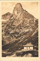 1924 Tátra, Magas-Tátra, Vysoké Tatry; Zelené pleso a Karfunklovou vezí / Zöld-tó, Karbunkulus-torony, menedékház / Grüner See mit dem Karfunkelturm / lake, mountain peak, tourist house (EK)