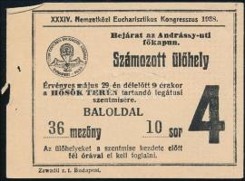 1938 XXXIV. Nemzetközi Eucharisztikus Kongresszus tagsági jegye, belsejében térkép-illusztrációval +...