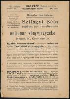 1903 Szilágyi Béla Antiquariuma, Könyv- és Zeneműkereskedésének antiquar könyvjegyzéke, 49 p. Borító nélkül.