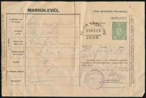 1925 Felcsút, marhalevél, 3 db 10.000 korona, 8 db 1000 koronás forgalmi adó bélyegekkel.