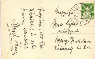 1924 Fenyőháza, Lubochna; Váh, v pozadin Síp / Vág hídja, háttérben a Síp / Váh riverside, bridge, m...