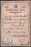 1865 Győr, igazolási jegy ügyvéd részére, Győr. sz. kir. város pecsétjével, főjegyző aláírásával, 1 fl.