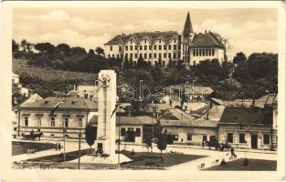 1954 Léva, Levice; Pomník padlych hrdinov a vyssia hospodárska skola / Hősök szobra, emlékmű, Felső kereskedelmi iskola / heroes statue, monument, economic school (EB)