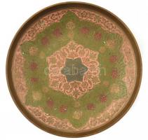 Réz váza, zománcozott díszítéssel, kopásnyomokkal, 2 db, m: 46,5 és 24 cm + fém csengő, m: 6,5 cm + ...