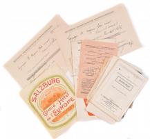 cca 1900-1960 Vegyes papírrégiség tétel, közte takarékpénztári befizetési igazolásokkal (6 db), 2 db kártyanaptár, 1 db hotelcímke, dohányos zacskó, esküvői meghívó, Modiano cigaretta reklám, Hartwig& Vogel Ag. csokoládés kártya...stb.