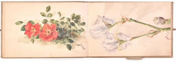 Várday Szilárd - Renaissance Rajzminták rajzkönyvben, 3 db színes akvarell virágokról és 1 db Eső után utca kép. 1906-os datálással. 18x27 cm