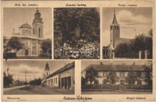 1943 Hatvan, Újhatvan; Római katolikus templom, Lourdes-i barlang, Evangélikus templom, utca, üzlet, Polgári fiúiskola (vágott / cut)