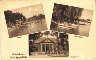 1941 Kiskunhalas, Sóstó-gyógyfürdő, strand, szabadfürdő, csónakok, fürdőzők, gyógyszálló. Kálmán Miksa kiadása (EB)