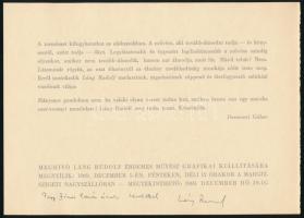 Láng Rudolf (1904-1991) grafikus autográf aláírása és dedikációja a Margitszigeti Nagyszállóban, 1969-ben rendezett kiállítása meghívóján.