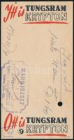 1940 Tungsram Krypton számolócédula, Mann József cég bélyegzőjével, lyukasztva, hajtásnyommal