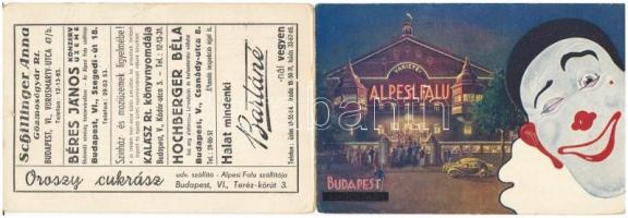 Budapest XIV. Alpesi Falu Varieté az Angol parkban. Reklámlap bohóccal (15 cm x 10,3 cm). Kinyitható képeslap az 1943-as júliusi műsorral / Hungarian circus advertisement. Folding postcard with the July show (hajtásnál szakadt / bent til broken)