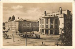 1949 Pozsony, Pressburg, Bratislava; Povereníctvo vnútra, Slovenská univerzita / Szlovák egyetem, villamos Tatra reklámmal / university, tram with advertisement (EK)