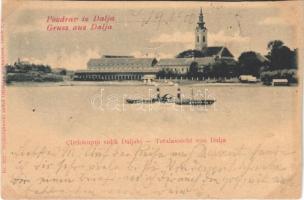 1900 Dálya, Dalja, Dalj (Erdőd, Erdut); Cijelokupni vidik Dalsjki / látkép, gőzhajó / general view, steamship (vágott / cut)