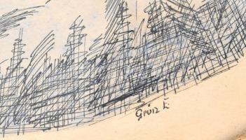 Grün E. jelzéssel, feltehetően 1900 körül működött magyar festő alkotása: Hölgy kalitkával. Tus, akv...