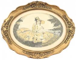 Grün E. jelzéssel, feltehetően 1900 körül működött magyar festő alkotása: Hölgy madarakkal. Tus, akvarell, papír. Antik, dekoratív historizáló üvegezett fa keretben, hátoldalán Grün József kőbányai keretező bélyegzőjével. 15x21 cm