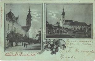 1898 (Vorläufer) Zombor, Sombor; utca, templom, este, Sztrilich Zsigmond üzlete, piac / street, church, market, shop, night. floral (fl)
