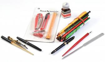 Vegyes irodaszer tétel: levélbontók, körző, tollszár, töltőtoll, tus, ceruzák, stb., közte újszerű állapotúak