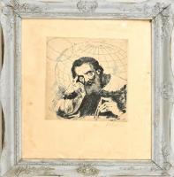 Pituk József Viktórián (1906-1991): Eppur si muove (Galileo Galilei). Rézkarc, papír, jelzett, sérült. Sérült keretben, 28,5×24,5 cm
