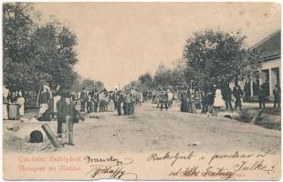 1905 Zsablya, Zabalj; utca falubeliekkel / street with villagers (ázott / wet damage)