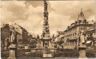 1953 Kassa, Kosice; Leninova ulica, Morovy stíp / Lenin utca, szálloda, üzletek, Szentháromság szobor / street view, hotel, shops, Holy Trinity column (EK)