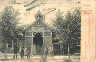 1907 Pancsova, Pancevo; Kiállítás, Franzfeld pavilonja zászlóval. Pancsovai Népkonyha kiadása / Exhibition, pavilion (fl)